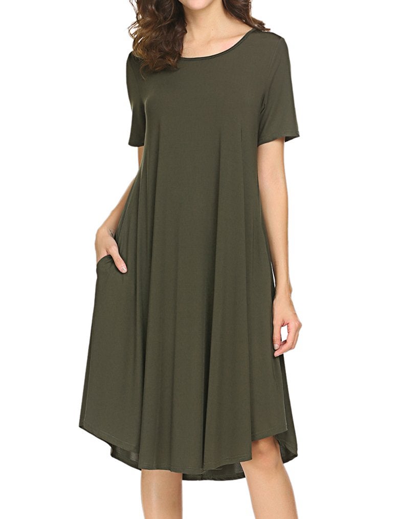 Locryz Women's Casual Plain Short Sleeve T-Shirt Loose Midi Dress XXL Army Green - Image 1